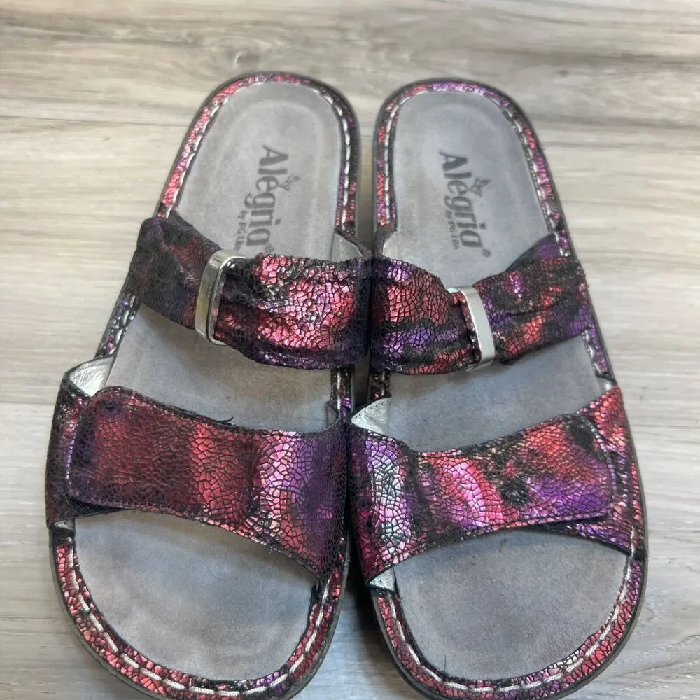 Alegria Karmen KAR-235 EU 37 7 -7.5  Pink‎ Purple Metallic Leather Slide Sandals